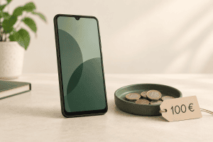 Illustration d’un smartphone générique, de pièces de monnaie et d’une étiquette de 100 euros
