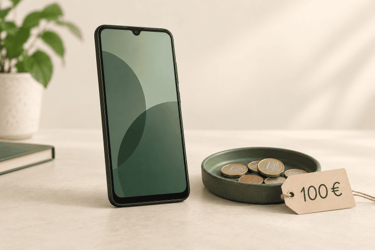 Illustration d’un smartphone générique, de pièces de monnaie et d’une étiquette de 100 euros