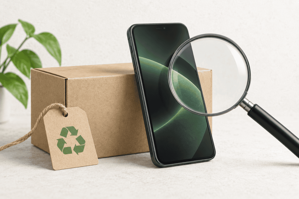 Illustration d’un smartphone générique près d’une boîte, d’une loupe et d’un symbole de recyclage