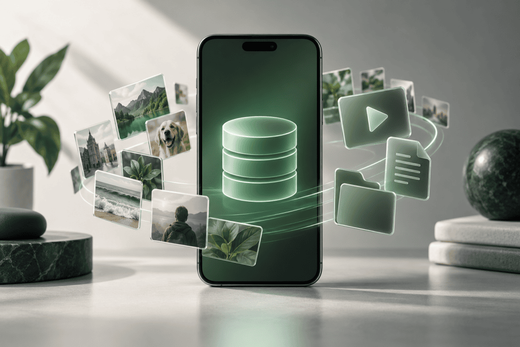 Illustration d’un smartphone générique entouré de photos, de dossiers et d’un symbole de stockage