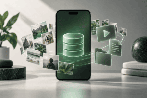Illustration d’un smartphone générique entouré de photos, de dossiers et d’un symbole de stockage