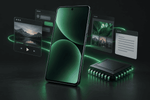Illustration d’un smartphone générique, d’une puce mémoire et de fenêtres d’applications