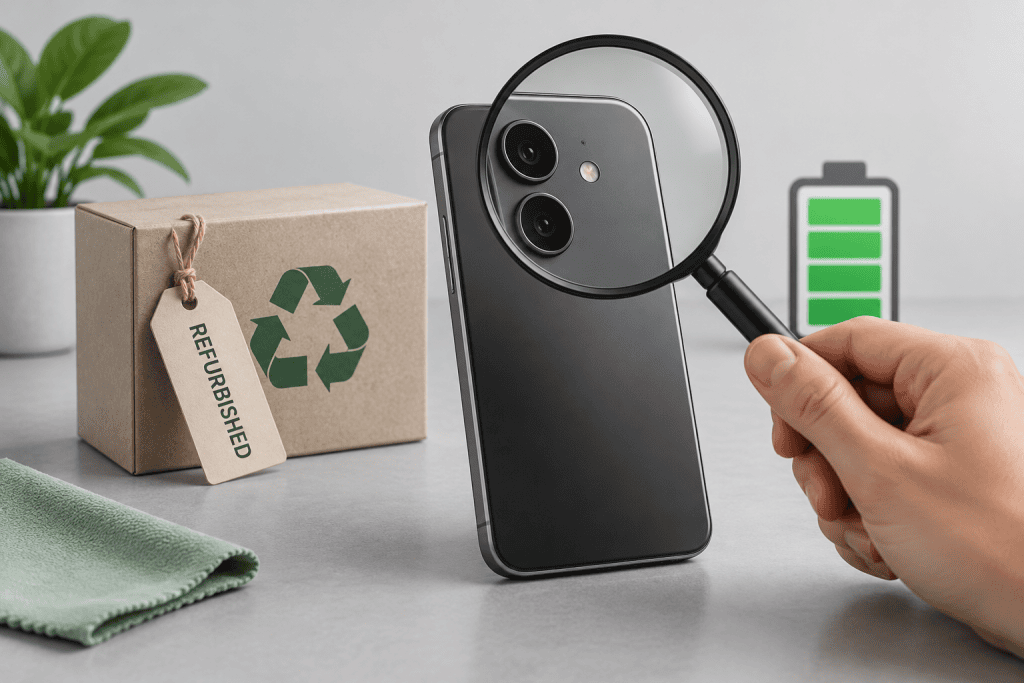 Illustration d’un smartphone générique dans une boîte, examiné à la loupe, avec un symbole de batterie