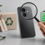 Illustration d’un smartphone générique dans une boîte, examiné à la loupe, avec un symbole de batterie