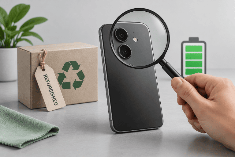 Illustration d’un smartphone générique dans une boîte, examiné à la loupe, avec un symbole de batterie