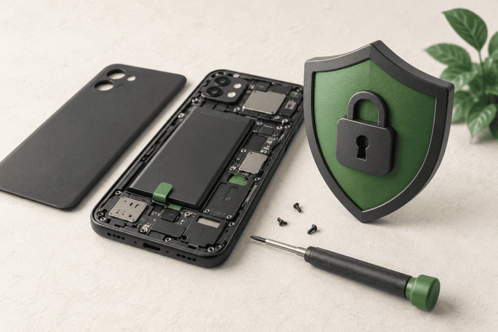 Illustration d’un smartphone générique démontable, d’une batterie, d’un tournevis et d’un symbole de confidentialité