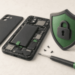 Illustration d’un smartphone générique démontable, d’une batterie, d’un tournevis et d’un symbole de confidentialité