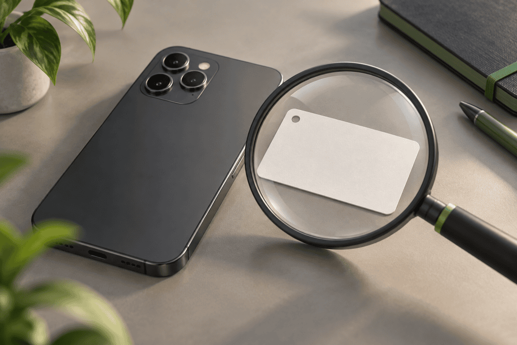 Illustration d’un téléphone générique, d’une étiquette vierge et d’une loupe sur un bureau