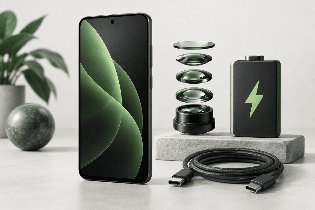 Illustration d’un smartphone générique avec des éléments évoquant une caméra, une batterie et un câble USB-C
