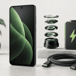 Illustration d’un smartphone générique avec des éléments évoquant une caméra, une batterie et un câble USB-C