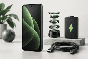 Illustration d’un smartphone générique avec des éléments évoquant une caméra, une batterie et un câble USB-C