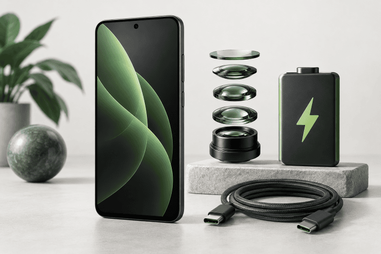 Illustration d’un smartphone générique avec des éléments évoquant une caméra, une batterie et un câble USB-C