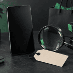 Illustration d’un smartphone générique, d’une étiquette sans prix et d’une loupe sur un bureau sombre
