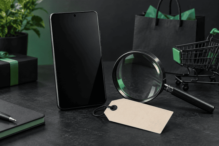 Illustration d’un smartphone générique, d’une étiquette sans prix et d’une loupe sur un bureau sombre