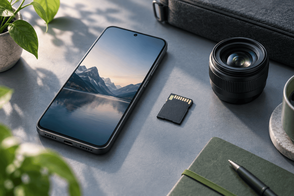 Illustration d’un smartphone générique accompagné d’une carte mémoire et d’un objectif sur fond bleu-gris