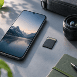 Illustration d’un smartphone générique accompagné d’une carte mémoire et d’un objectif sur fond bleu-gris