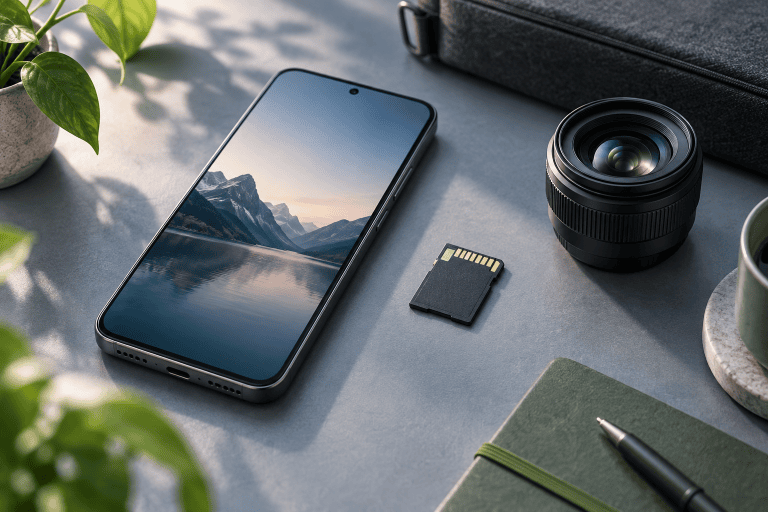 Illustration d’un smartphone générique accompagné d’une carte mémoire et d’un objectif sur fond bleu-gris