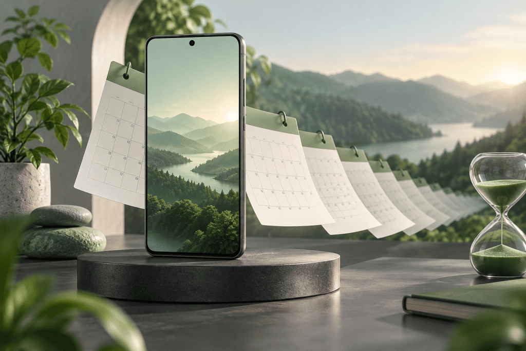 Illustration d’un smartphone générique sur une plateforme sombre devant des pages de calendrier sans texte