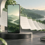 Illustration d’un smartphone générique sur une plateforme sombre devant des pages de calendrier sans texte