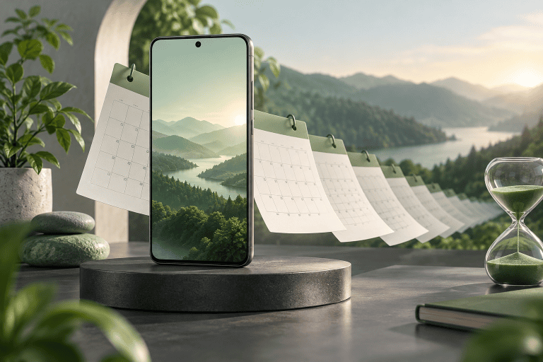 Illustration d’un smartphone générique sur une plateforme sombre devant des pages de calendrier sans texte