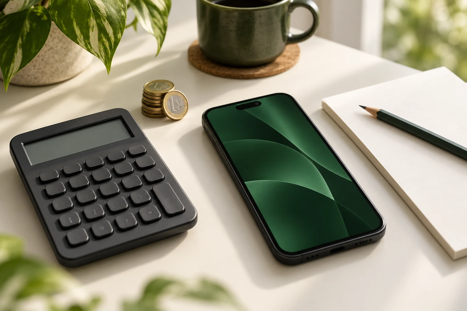 Calculatrice, smartphone et pièces de monnaie sur un bureau clair