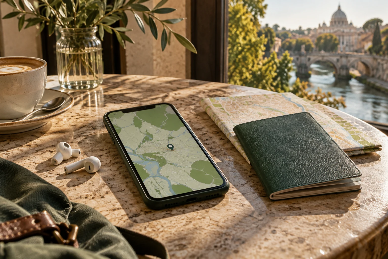 Smartphone affichant une carte, carnet et écouteurs sur une table de café