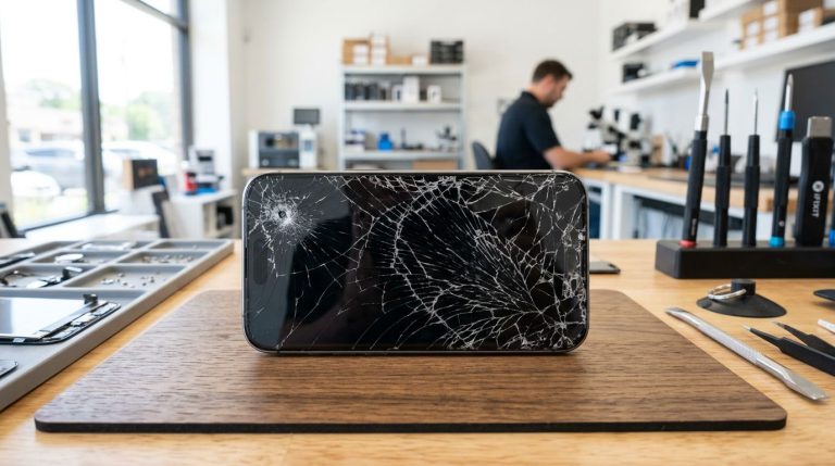 iPhone 17 avec écran fissuré sur un établi de réparation professionnel