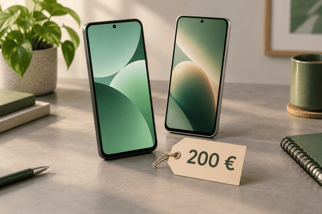 Illustration de deux smartphones génériques accompagnés d’une étiquette de budget de 200 euros