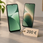 Illustration de deux smartphones génériques accompagnés d’une étiquette de budget de 200 euros