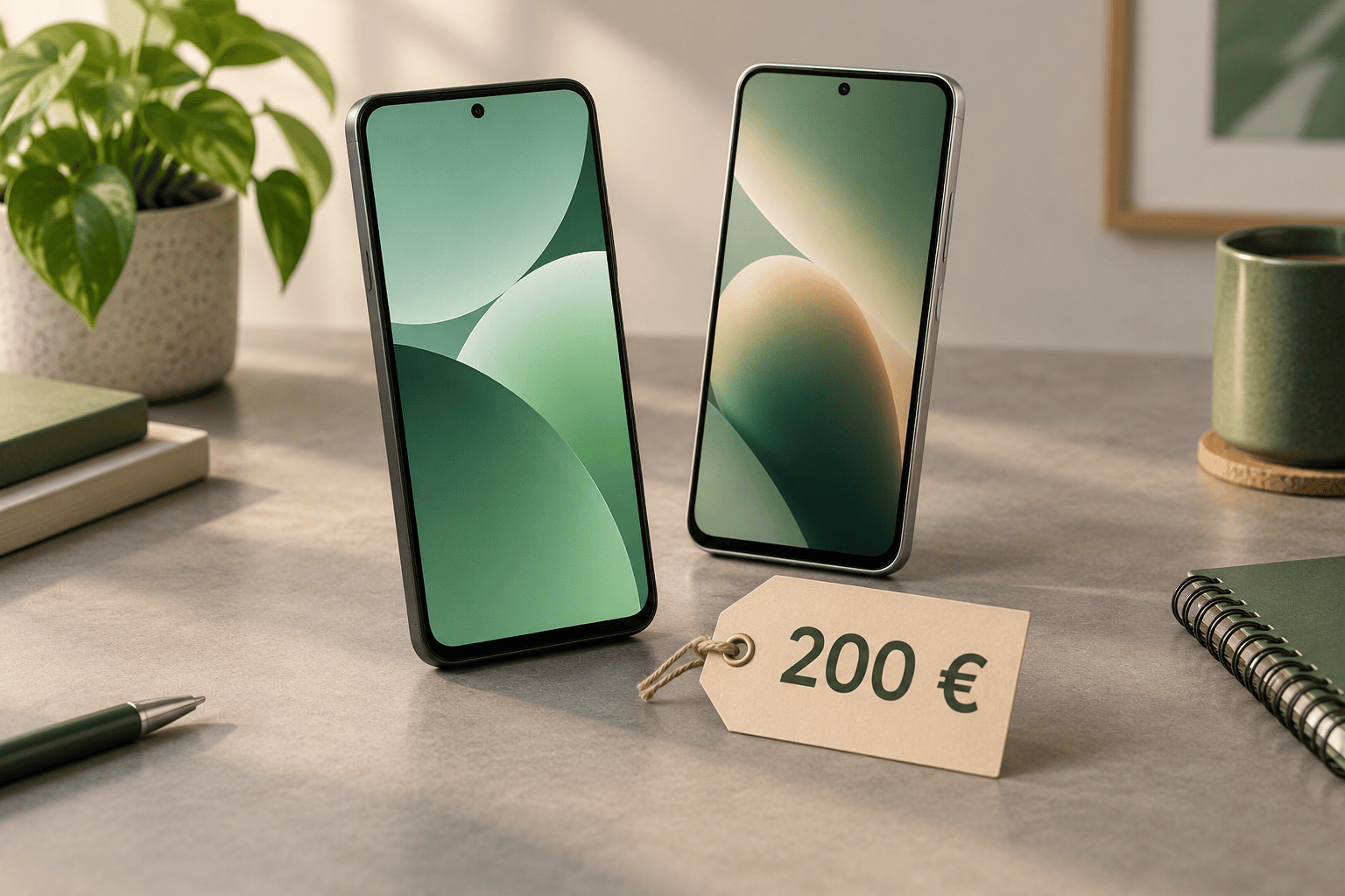 Illustration de deux smartphones génériques accompagnés d’une étiquette de budget de 200 euros