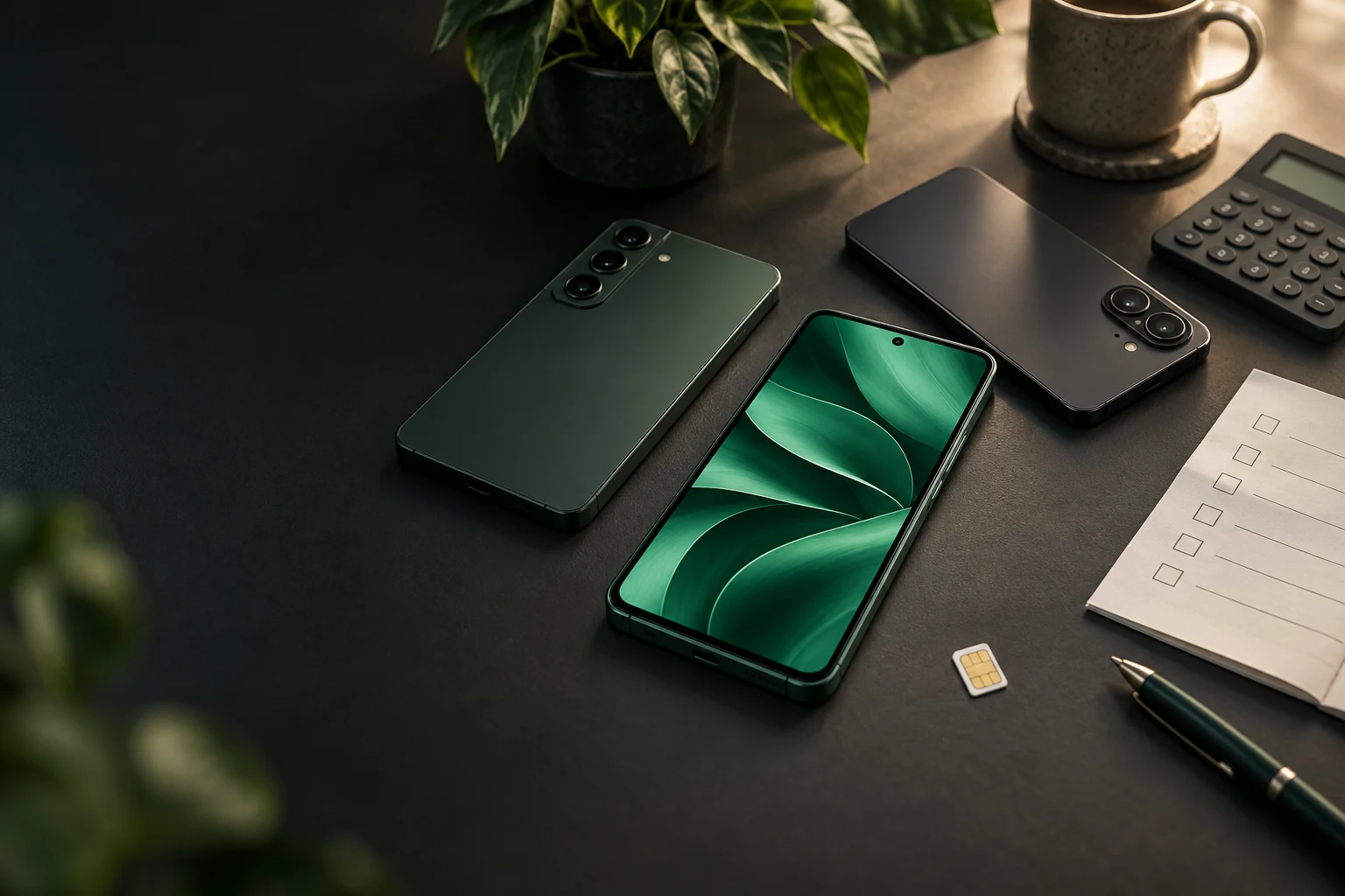 Smartphones, carte SIM et checklist sur un bureau sombre