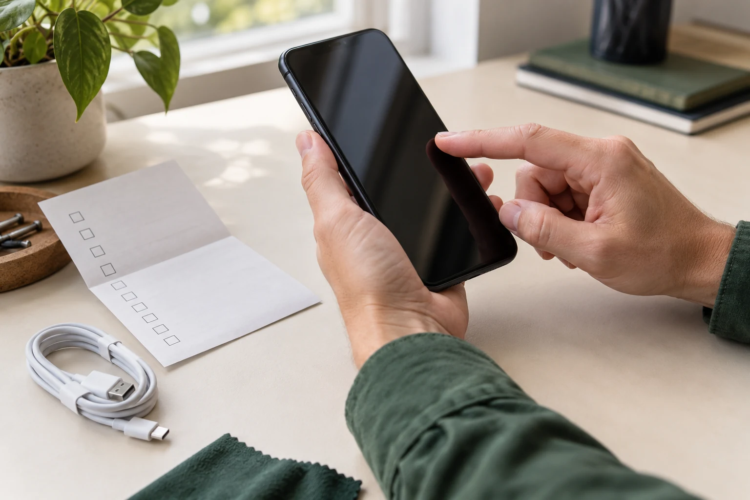 Mains vérifiant un smartphone à côté d’une checklist et d’un câble USB